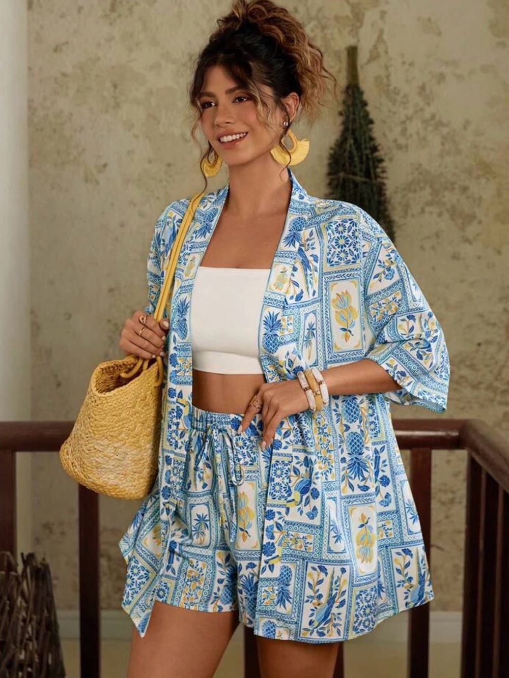 Shein plus size Hawaiian print short and kimono set 3X